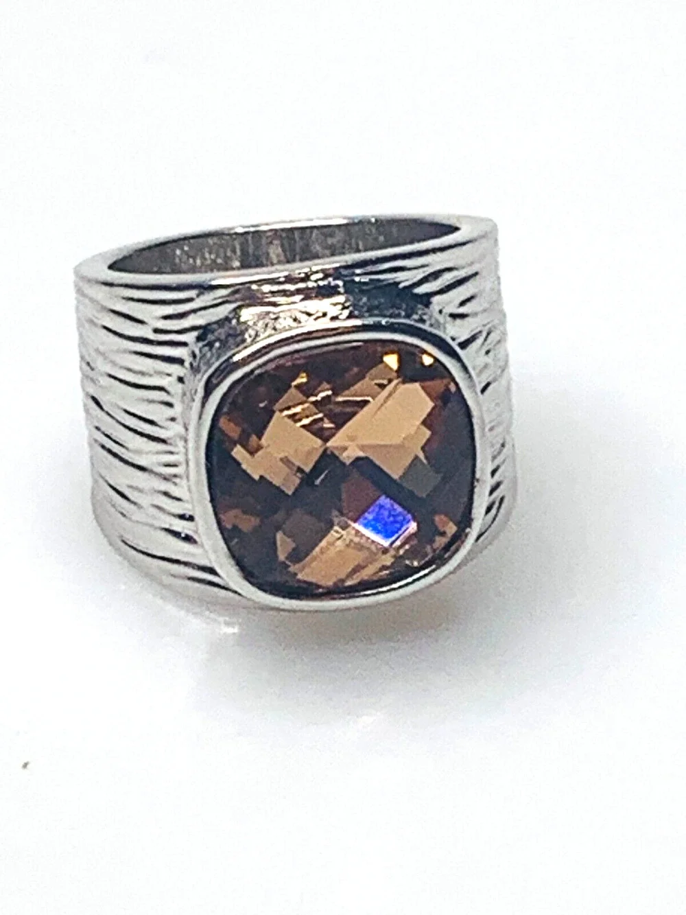 Lia Sophia Peachy Keen Faceted Champagne Ring, Silver Tone Textured Band, Size 8